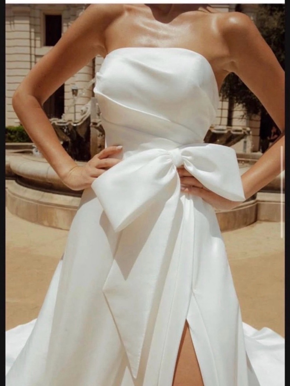 Strapless ivory white Satin wedding dress with Statement Bow